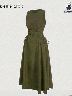 SHEIN Olive Green Sleeveless Midi Dress with Side Ruched Drawstrings